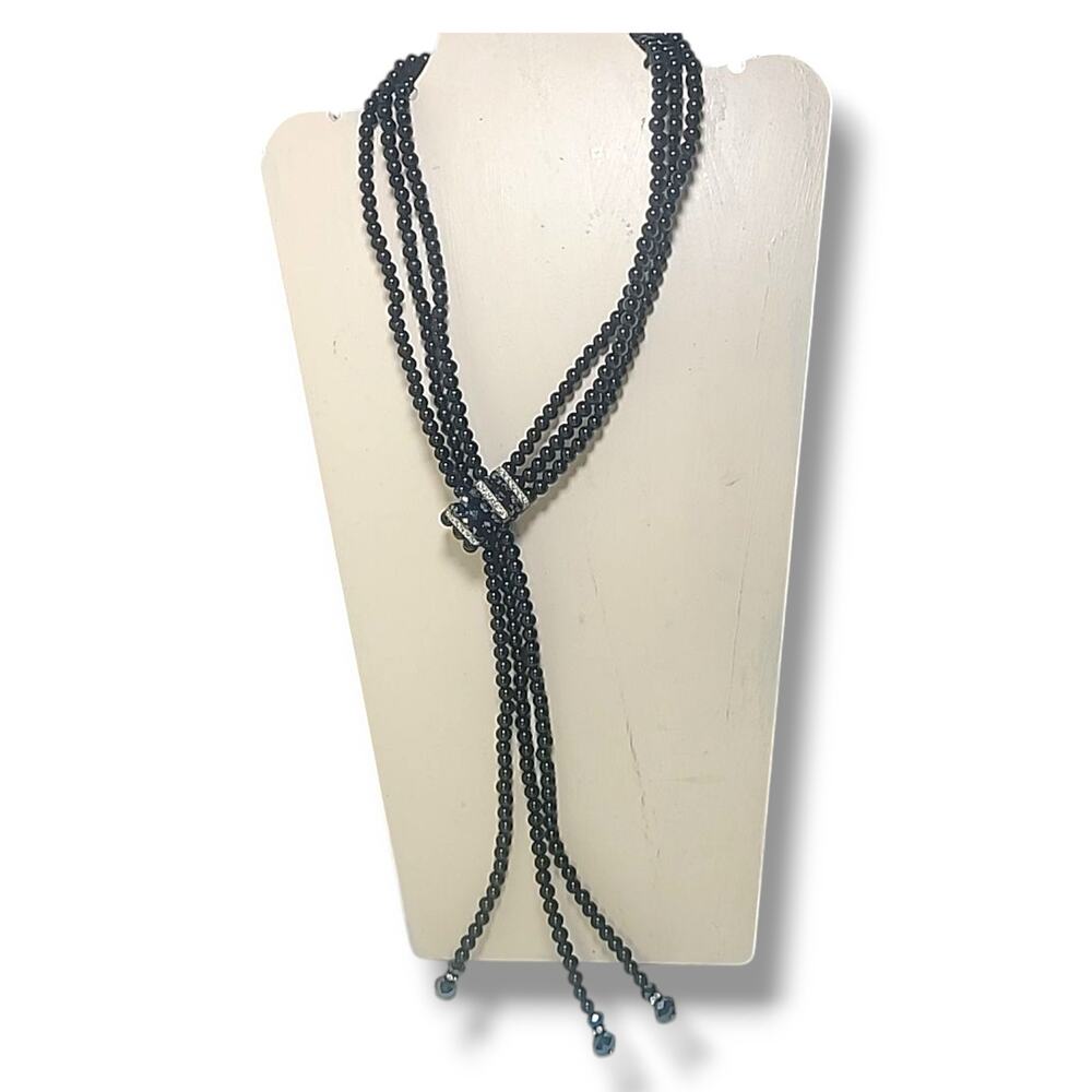 Black Bead Triple Strand Lariat Necklace White Rhinestone Accents 26" - Picture 2 of 6